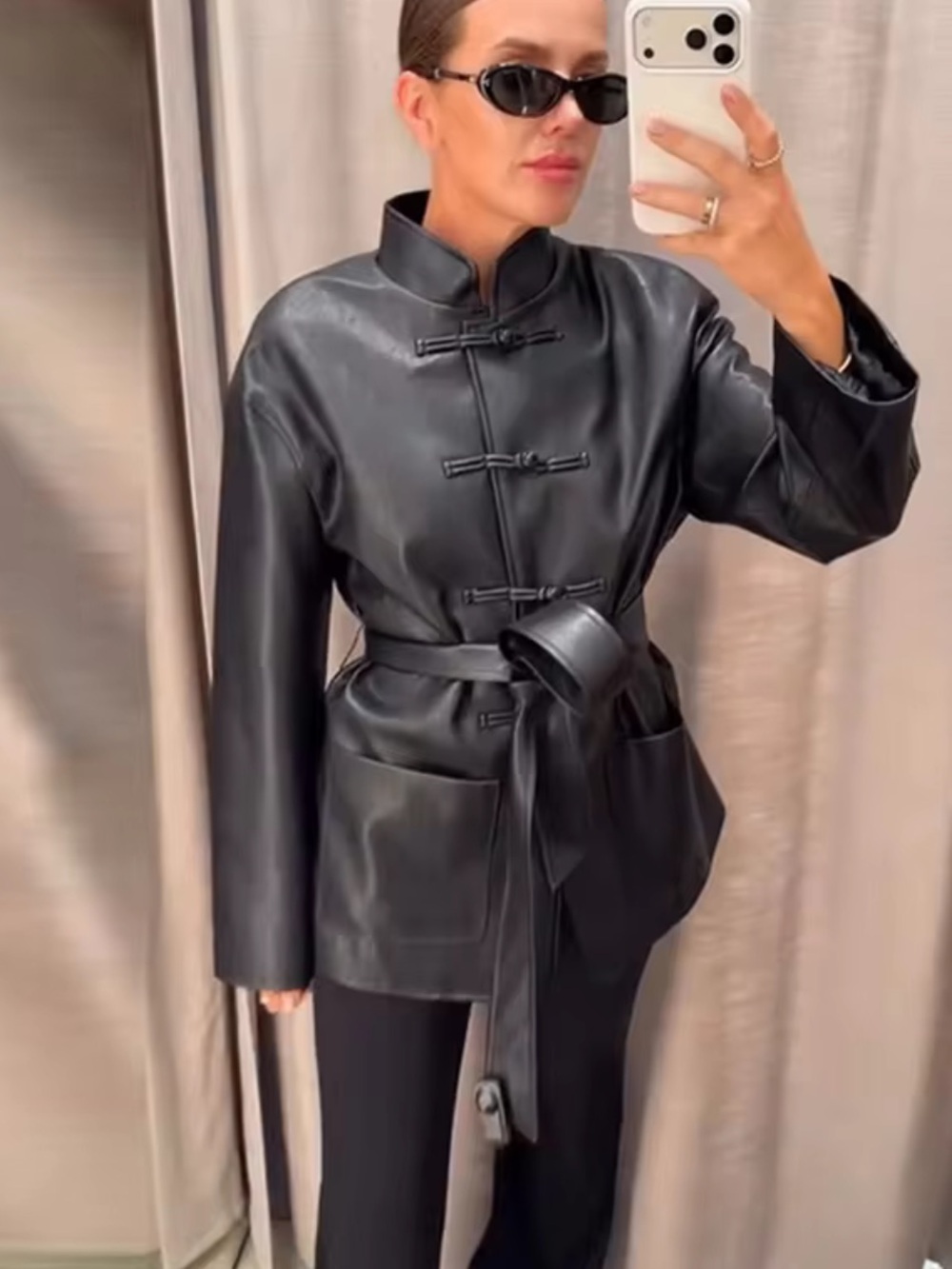 Women's Faux Leather Lace Up Jacket Frog Single-breasted Stand Collar Long